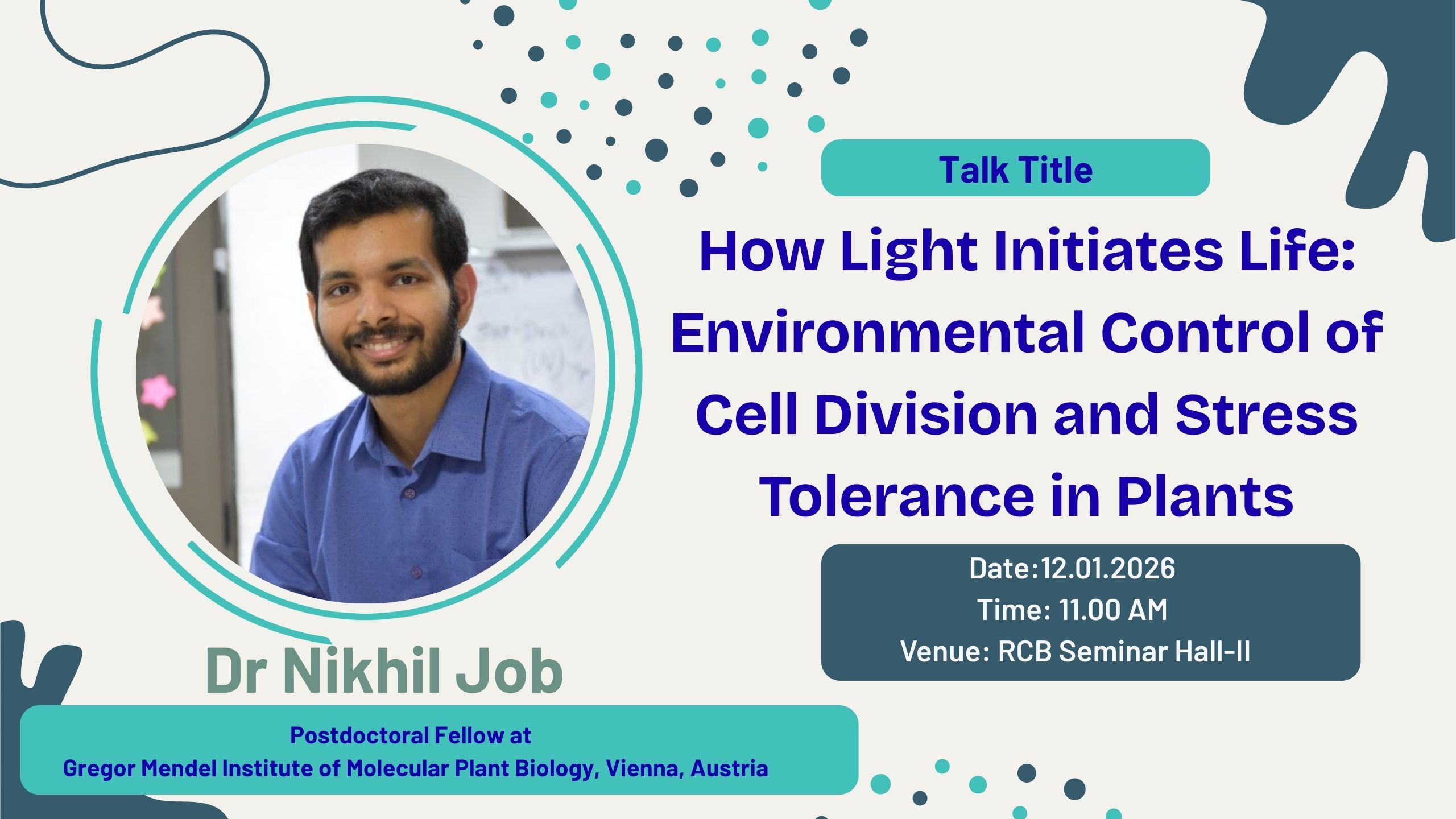 A seminar announcement poster featuring Dr Nikhil Job.