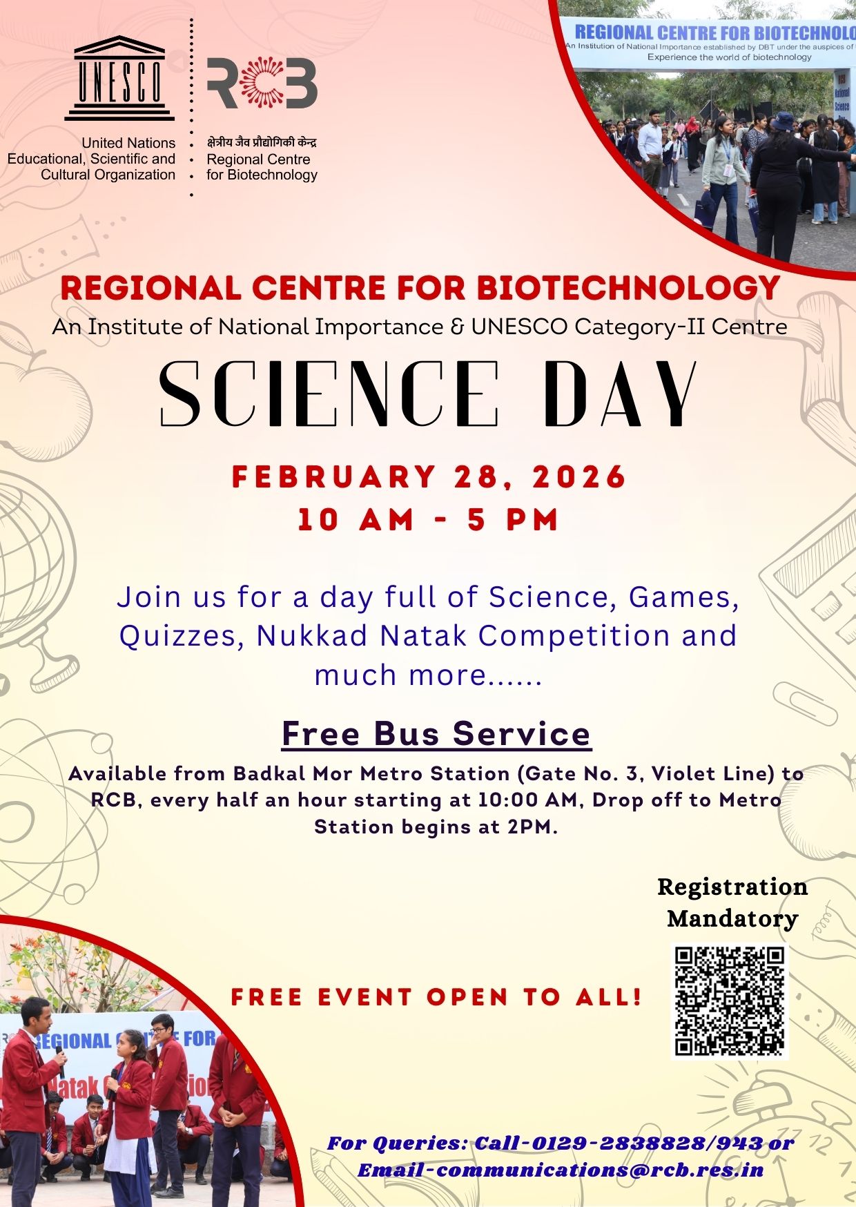 e event on February 28, 2026, from 10:00 AM to 5:00 PM. It invites the public to a day of science activities, including science exhibits, games, quizzes, and a Nukkad Natak competition.